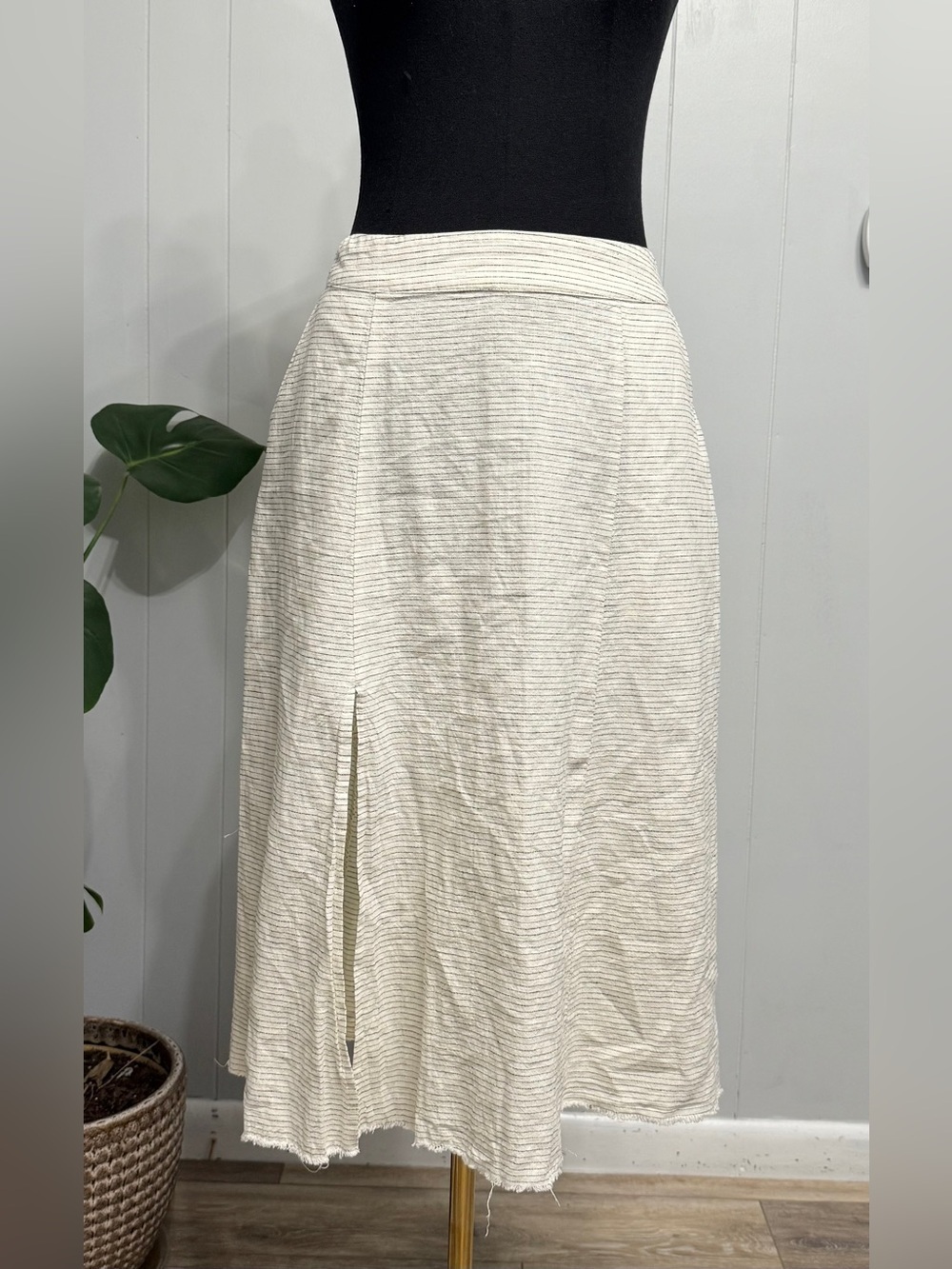 Zara Cream with Black Striped Button-Back Midi Skirt (Linen & Cotton Blend)